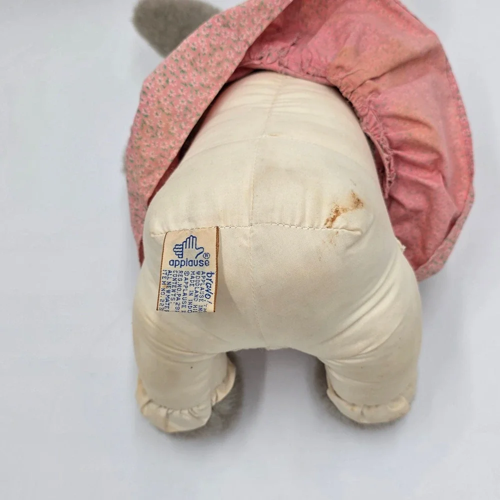 Vintage 1980s Applause Gray Bunny Rabbit Plush in Pink Dress 22